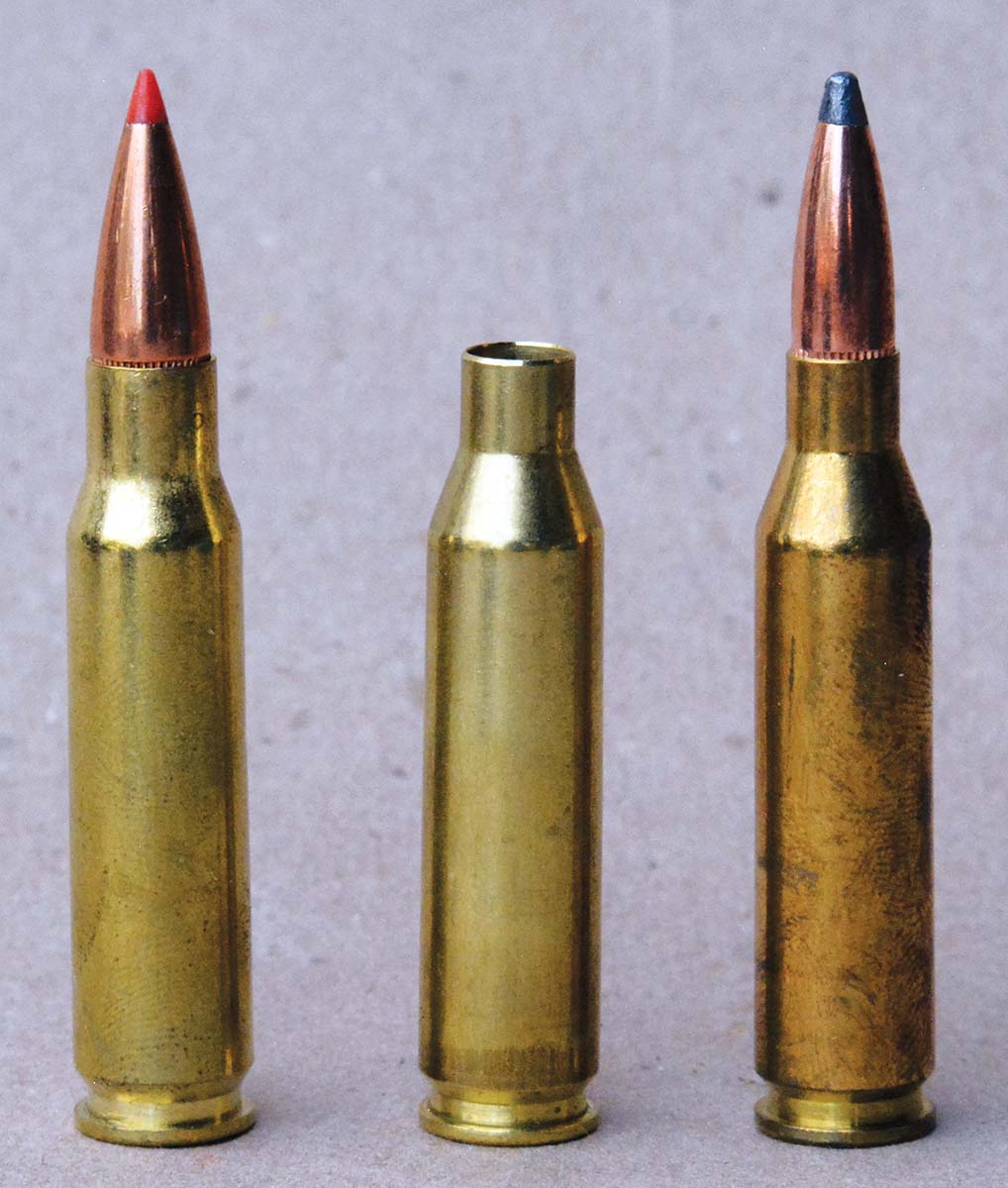 The 260 Remington (right) is based on the 308 Winchester case (left) and even shares the same shoulder angle but necked to accept 6.5/.264-inch bullets.